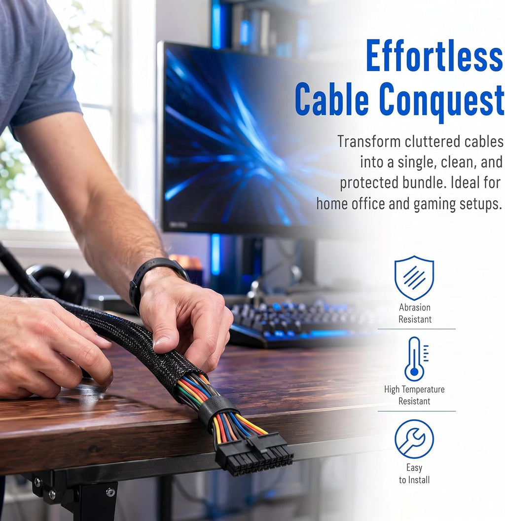 32ft 1/4" Expandable Cable Management Sleeve, PET Braided Wire Protector