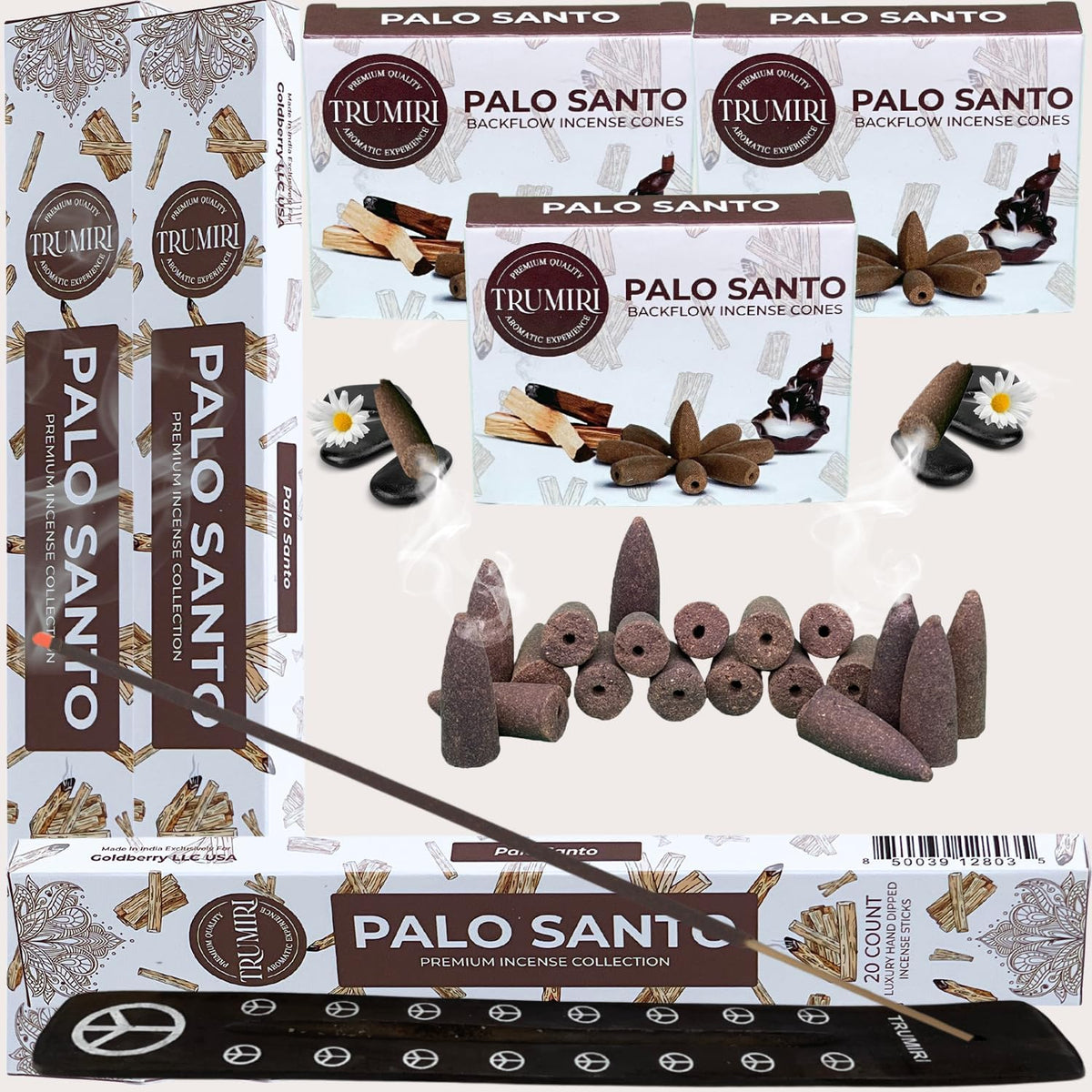 Palo Santo Incense Sticks & Backflow Incense Cones for Waterfall Combo Pack - 60 Insence-Sticks + 30 Backflow Cones - Insents - Incense Waterfall Cones - Inscense
