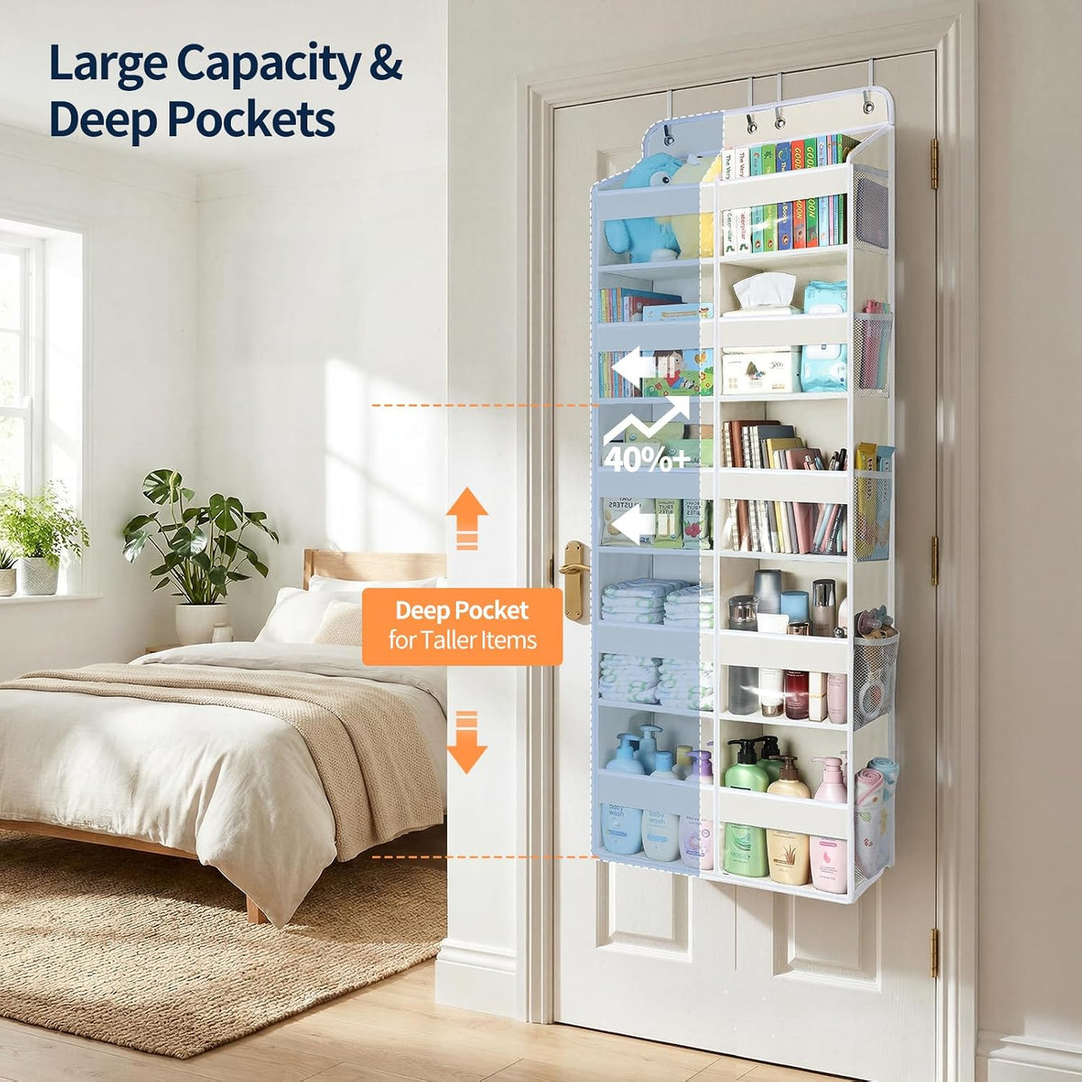 Yecaye Over The Door Organizer, 5 Tier Extra Large Behind Door Storage of 10 Compartments, 80lbs Heavy Duty Door Organizer Hanging with Clear Window for Closet Bedroom Pantry Bathroom, Beige