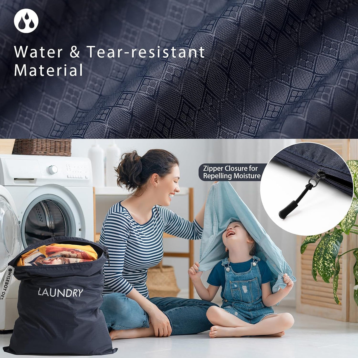 WiseBoy 2 Pack Laundry Bags, Travel Laundry Bag for Dirty Clothes, Zippered