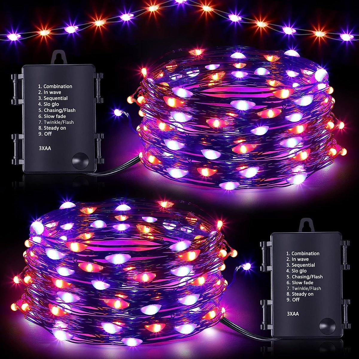 Hiboom 2 Pack Orange and Purple Halloween Lights, 16.4ft 50 LED, 8 Modes Battery Operated Fairy String Lights for DIY Home Bedroom Holiday Party Decor
