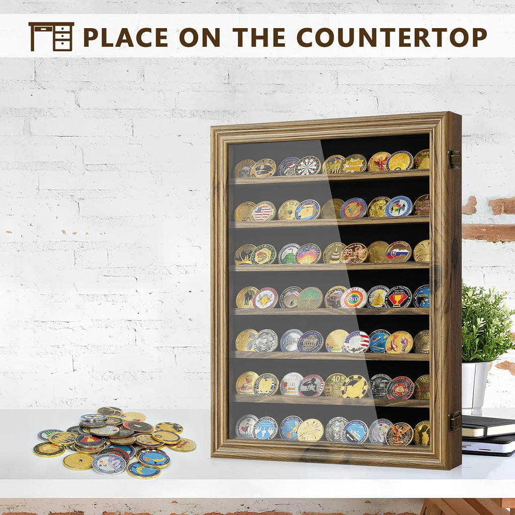 7 Rows Military Challenge Coin Holder Display Case with HD Tempered Glass - Holds 100 Coins, Medal Display Cabinet, Shadow Box for Casino Poker Chips, Removable 2-Groove Shelves, Rustic Wood