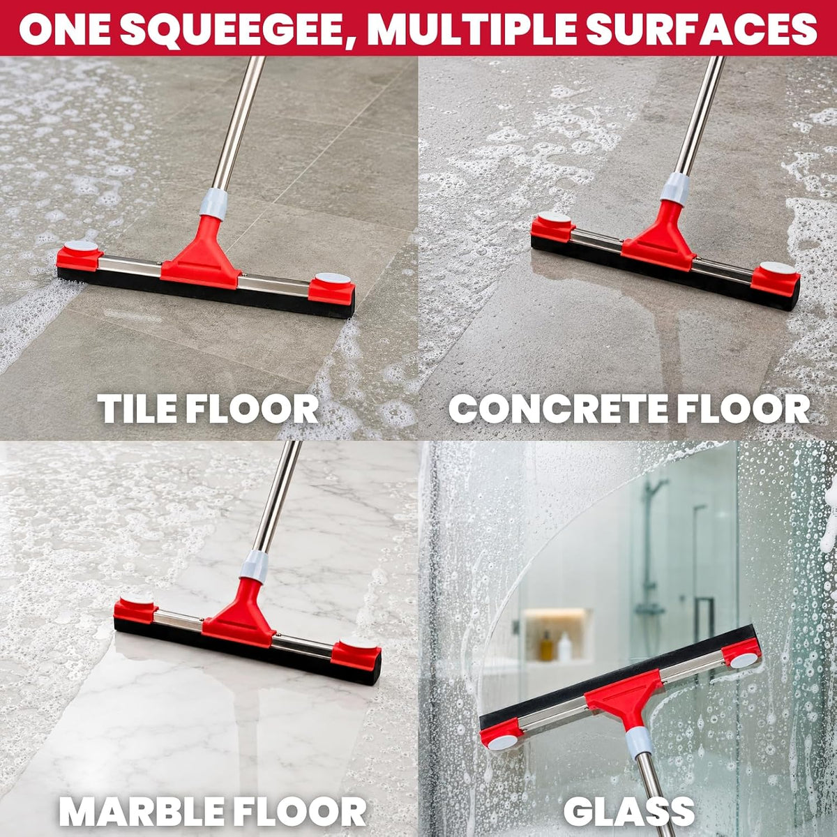 Floor Squeegee Scrubber with Extendable 62" Long Handle
