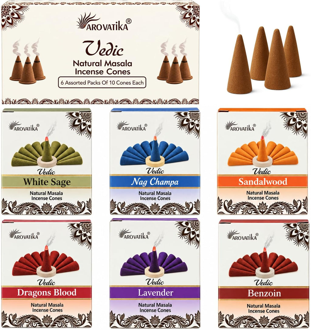 ARO VATIKA Vedic Incense Cones Variety Pack of 6 (Nag Champa, White Sage, Sandalwood, Dragons Blood, Lavender & Benzoin) Natural Non-Toxic Dhoop Cones for Meditation, Yoga, Relaxation & Home Fragrance