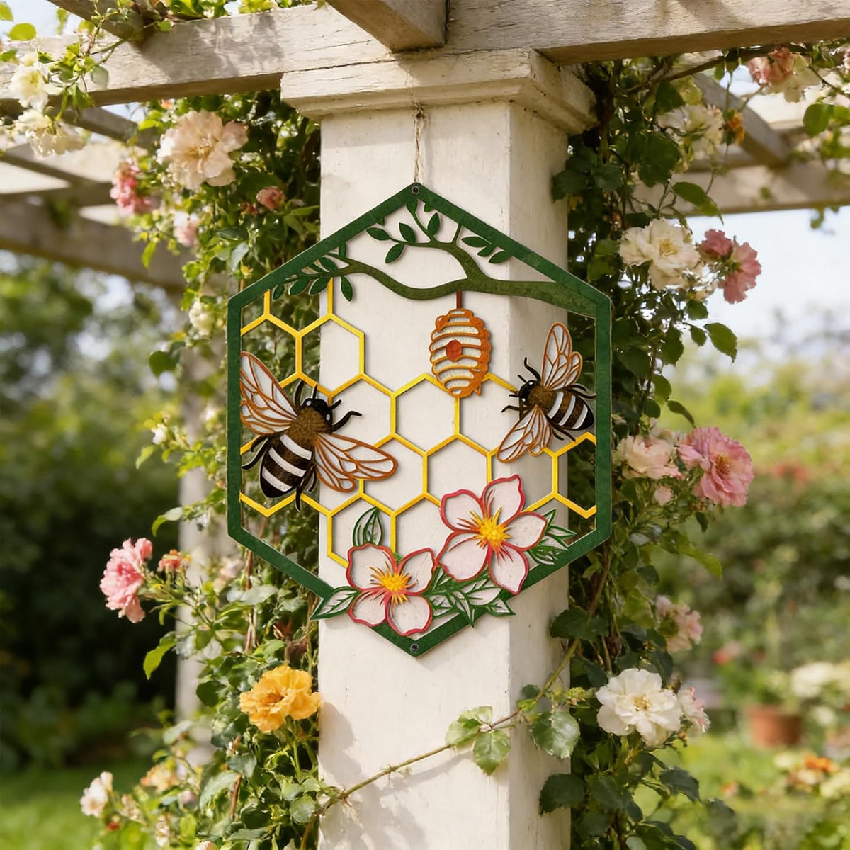 ruelen Metal Bee Wall Art-Farmhouse Honey Bee Hives with Flowers Wall Decor