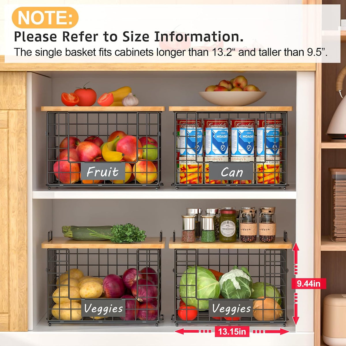 2-Pack Stackable Wire Baskets with 2 Pads & Bamboo Top, Pantry Organizer