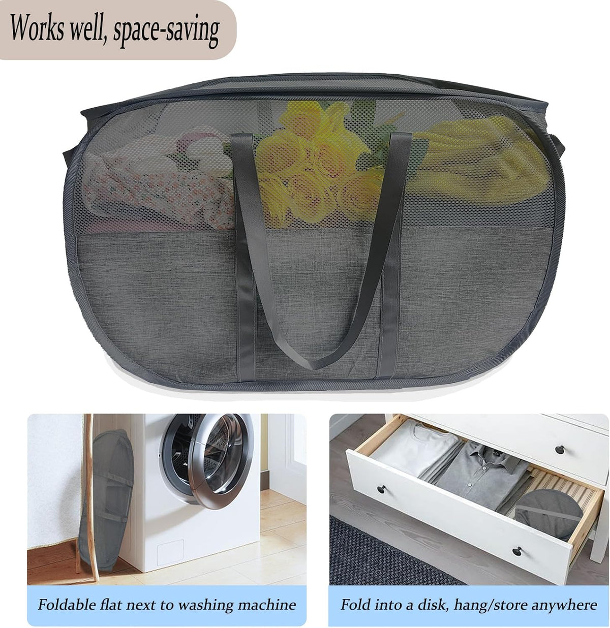 Upgraded 100L Collapsible Laundry Basket, Extra Large Mesh Pop Up Laundry Hamper, Dirty Clothes Hamper with long Handles, Pop-up Hampers for Laundry Travel. Dorm or Home Portable Laundry Basket. Black