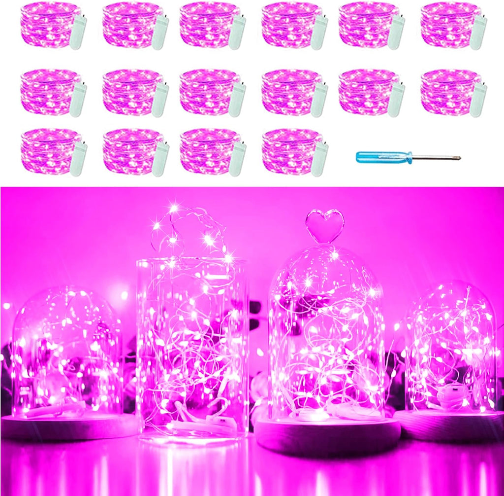SunKite 16 Packs 20 LED Fairy String Lights Battery Operated Waterproof 6.6 Feet Silver Copper Wire Firefly Starry Moon Lights for DIY Costume Wedding Party Bedroom Table Decor (Pink)