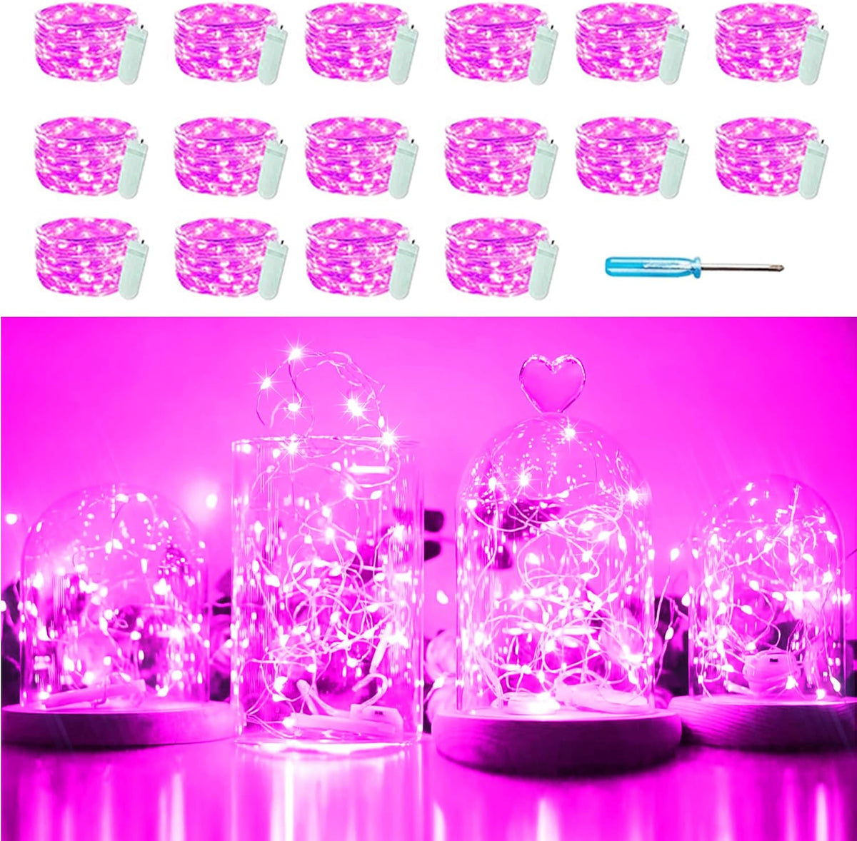 SunKite 16 Packs 20 LED Fairy String Lights Battery Operated Waterproof 6.6 Feet Silver Copper Wire Firefly Starry Moon Lights for DIY Costume Wedding Party Bedroom Table Decor (Pink)
