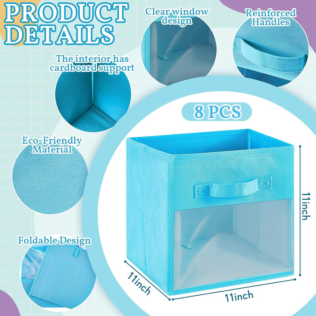 Marsui 8 Pcs Cube Storage Bins with Clear Window 11'' Daycare Storage Cube Organizer Bins for Closet Kid Nursery Playroom with Handle Fabric Collapsible Storage Cubes(Dark Blue, Yellow, Green, Blue)
