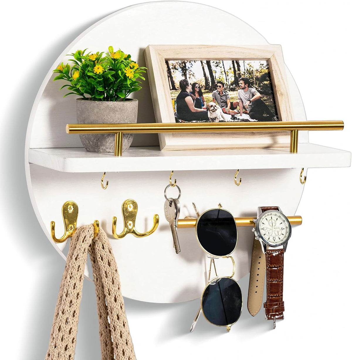 Key Holder Wall Mount with Shelf and Hooks, Mail Organizer for Wall, White