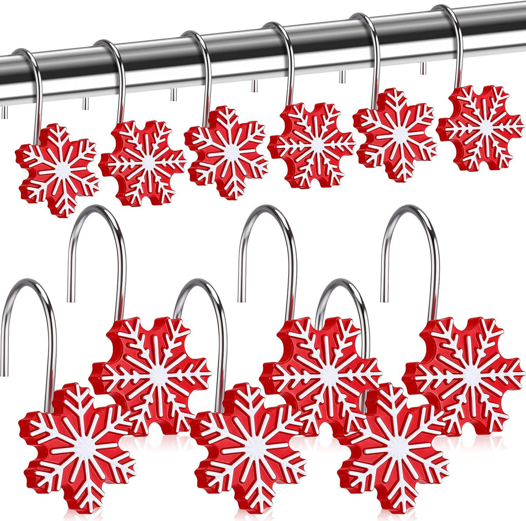 CroBlissful 12 Pcs Christmas Winter Snowflake Shower Curtain Hooks 2 Styles Snowflakes Curtain Hangers Hooks Red White Winter Decorative Rings for Bathroom Restroom Rods Wall Decor