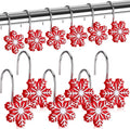 CroBlissful 12 Pcs Christmas Winter Snowflake Shower Curtain Hooks 2 Styles Snowflakes Curtain Hangers Hooks Red White Winter Decorative Rings for Bathroom Restroom Rods Wall Decor