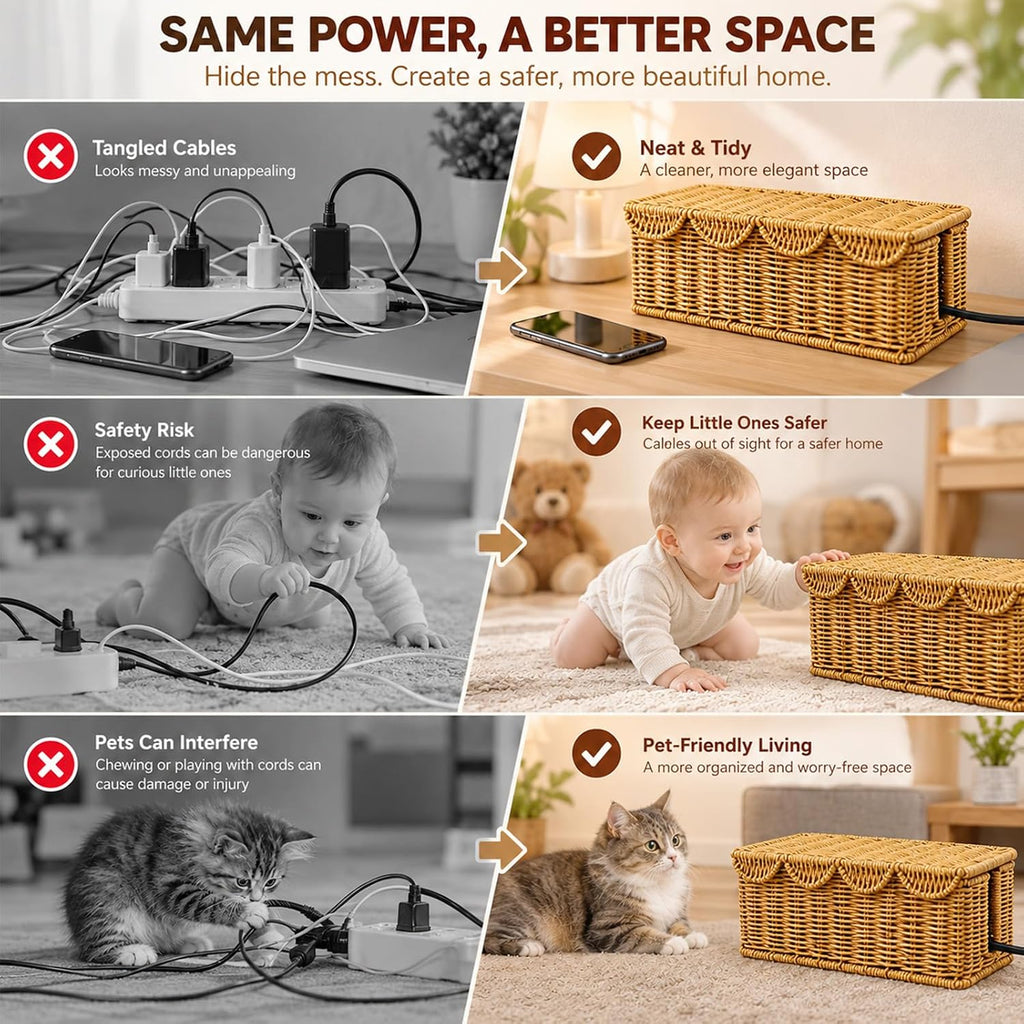 Rattan-Style Cable Management Box, Router Box Hider with 80 Accessories