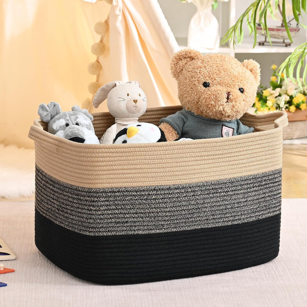 Large Blanket Basket, 100L Storage Baskets for Organizing, Woven Laundry Basket for Blankets, Cotton rope Blanket Storage for Living Room, Nursery Room, 24.8"L x 15.74"W x 15.74"H, Brown & Black