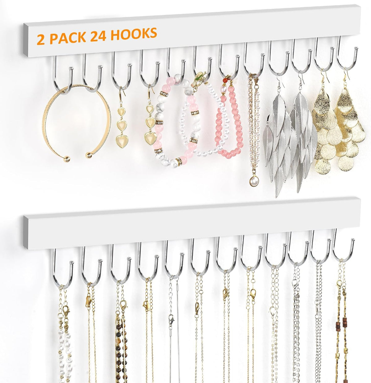 Jewelry Organizer Wall Mounted 2 Pack, Wooden Necklace Holder Wall Hanger with 24 Hooks for Hanging Necklaces and Jewelry Storage, White