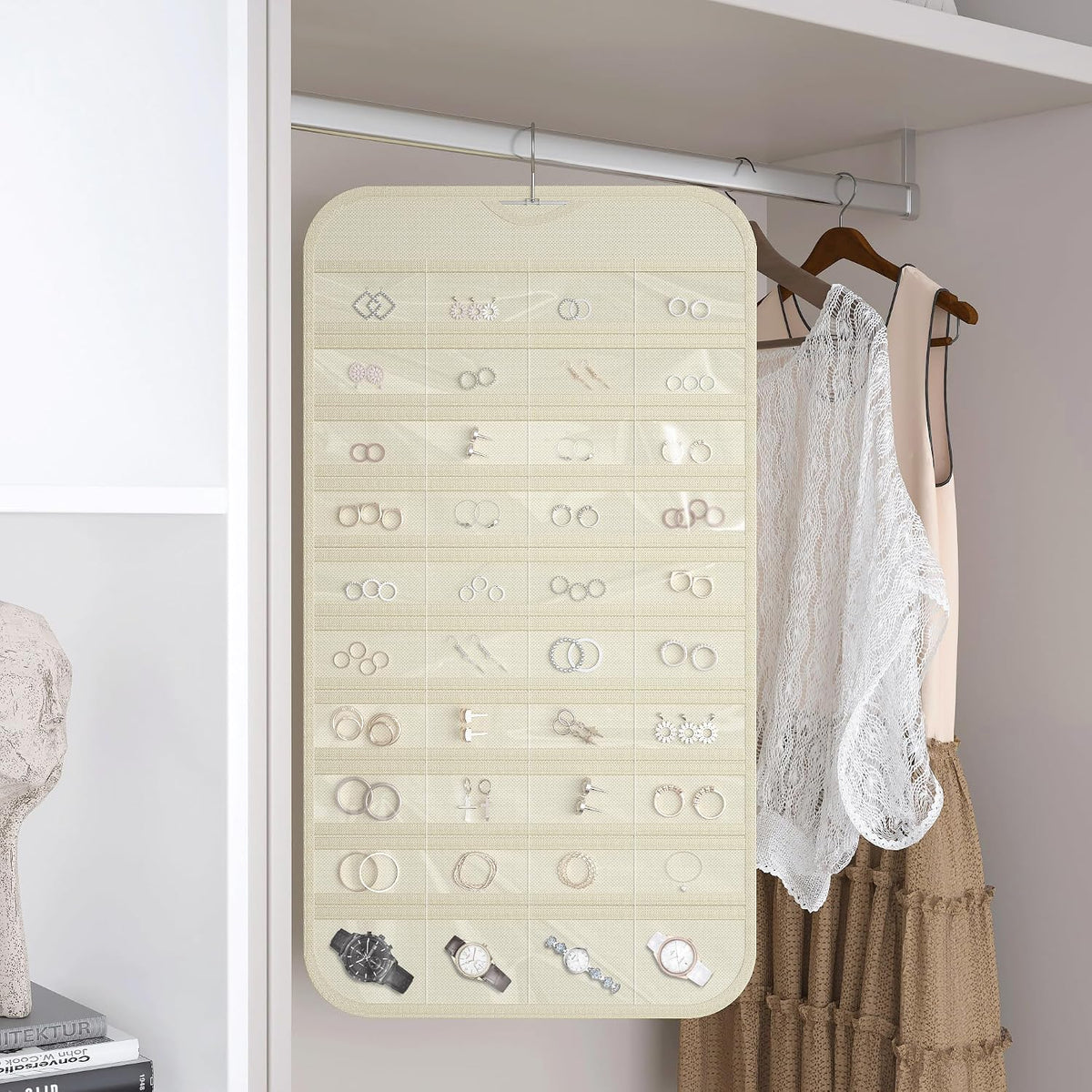 Hanging Jewelry Organizer 80-Pocket Double-Sided Storage, 2-Pack, Beige