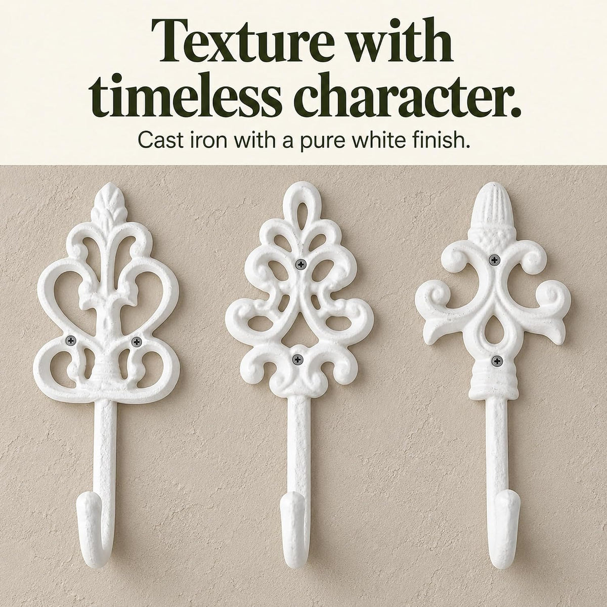 Comfify Pure White Cast Iron Wall Hooks Set of 3 – Farmhouse Coat Hooks