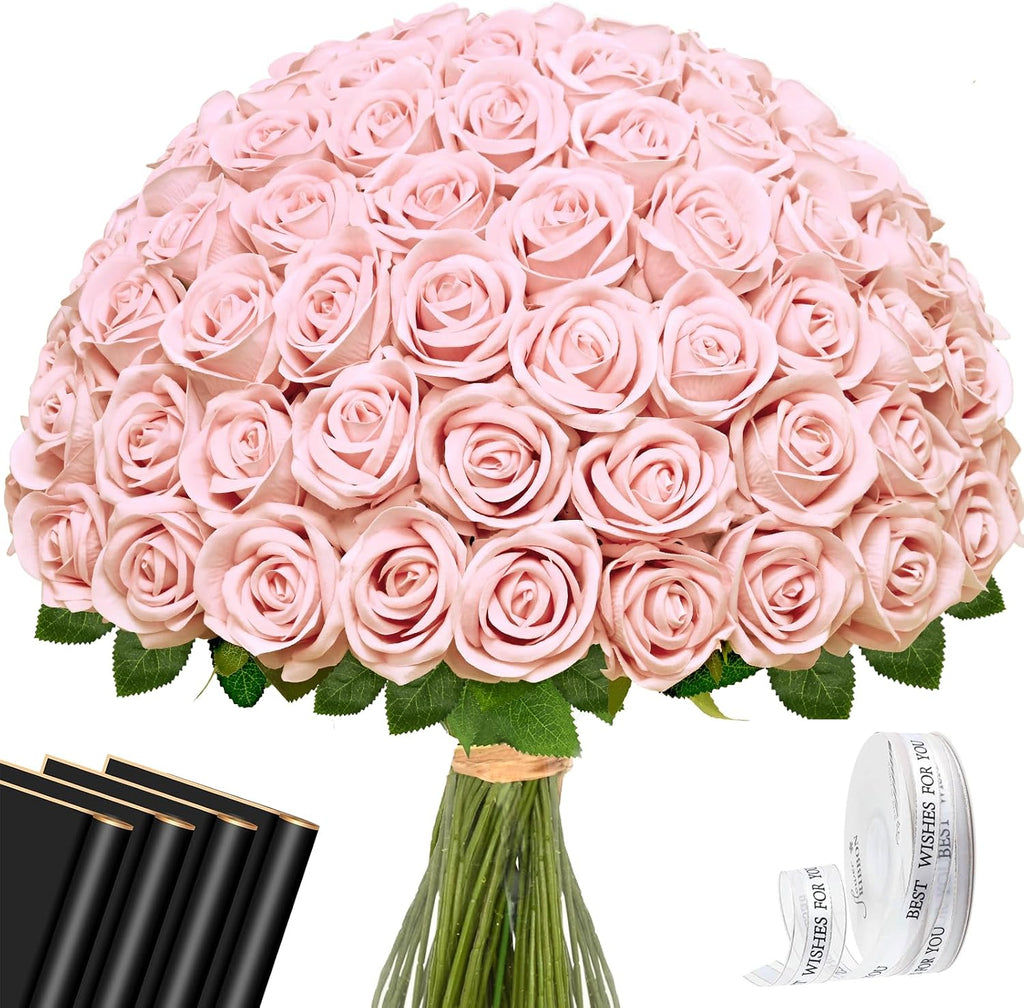 Waipfaru 50 Pcs Blush Roses Fake Velet Pink Roses