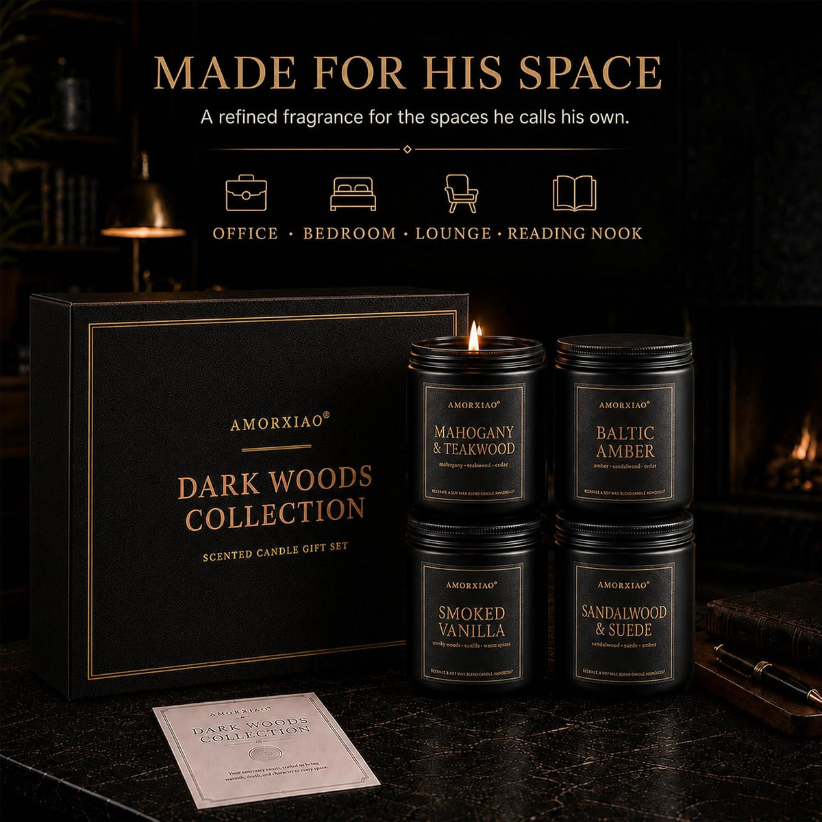 Scented Candles for Men, 4 Pack Dark Woods Manly Gift Set, 36 oz Total