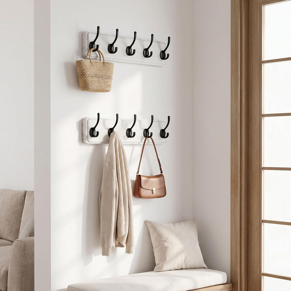 WEBI Coat Rack Wall Mount,Coat Hanger Wall,16" Hole to Hole,Coat Hooks Wall Mounted,Hook Rack Rail,5 Hooks for Hanging Coats,Hats,Jacket,Clothes,Entryway,Black/White