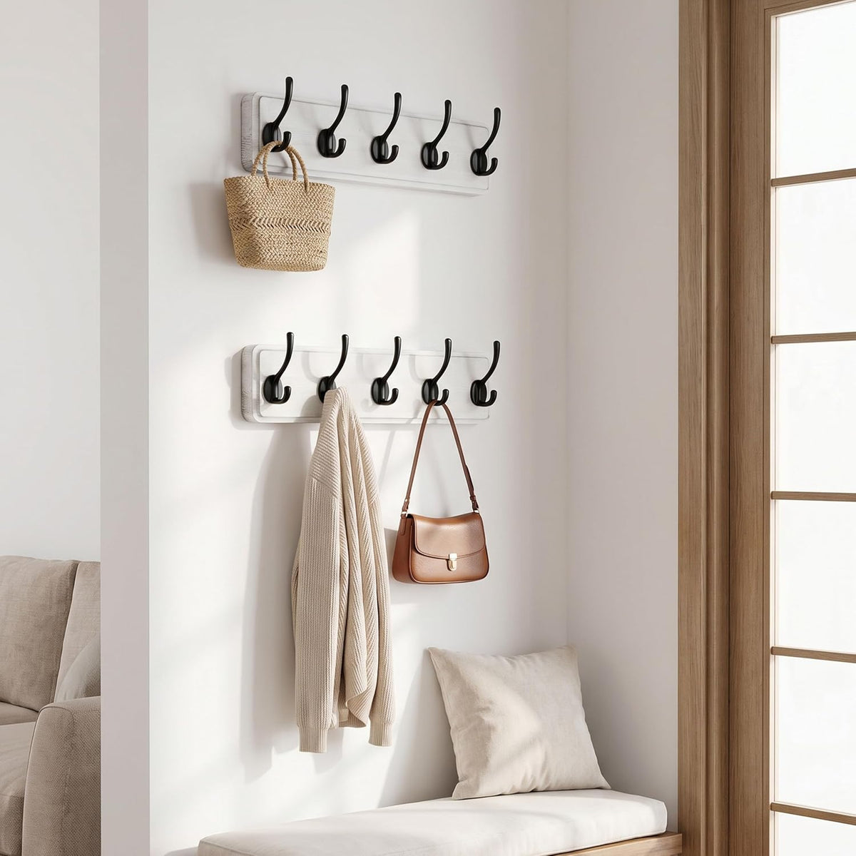 WEBI Coat Rack Wall Mount,Coat Hanger Wall,16" Hole to Hole,Coat Hooks Wall Mounted,Hook Rack Rail,5 Hooks for Hanging Coats,Hats,Jacket,Clothes,Entryway,Black/White