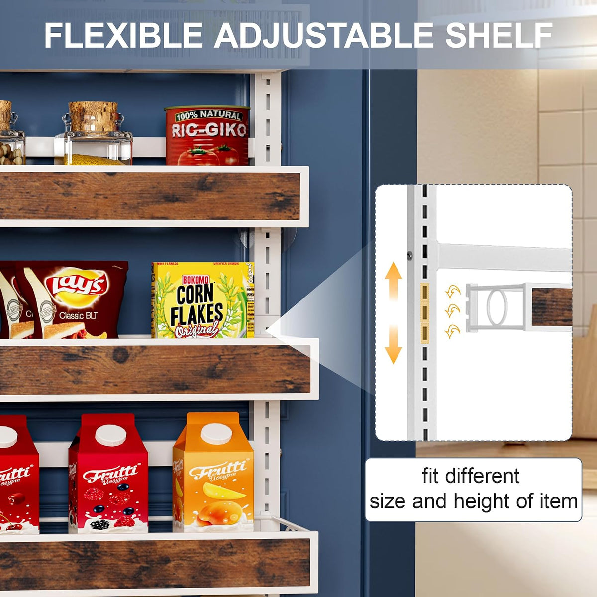 6 Tier Over The Door Pantry Orangizer 2 IN 1 Wall Mounted or Hanging Spice Rack with Adjustable Wood Basket,Heavy Duty Seasoning Storage Shelf for Kitchen Pantry and Bathroom