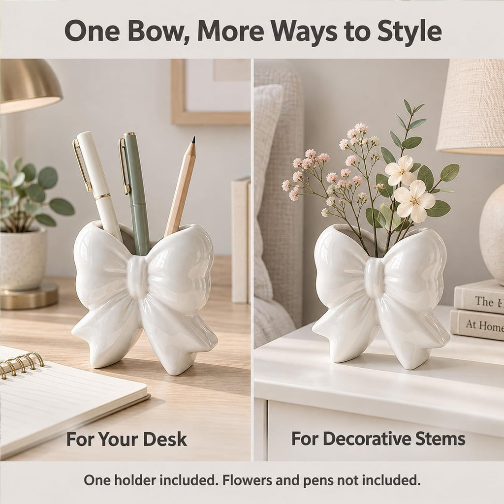 Ivory White Bow Toothbrush Holder, Ceramic Makeup Brush Holder for Vanity
