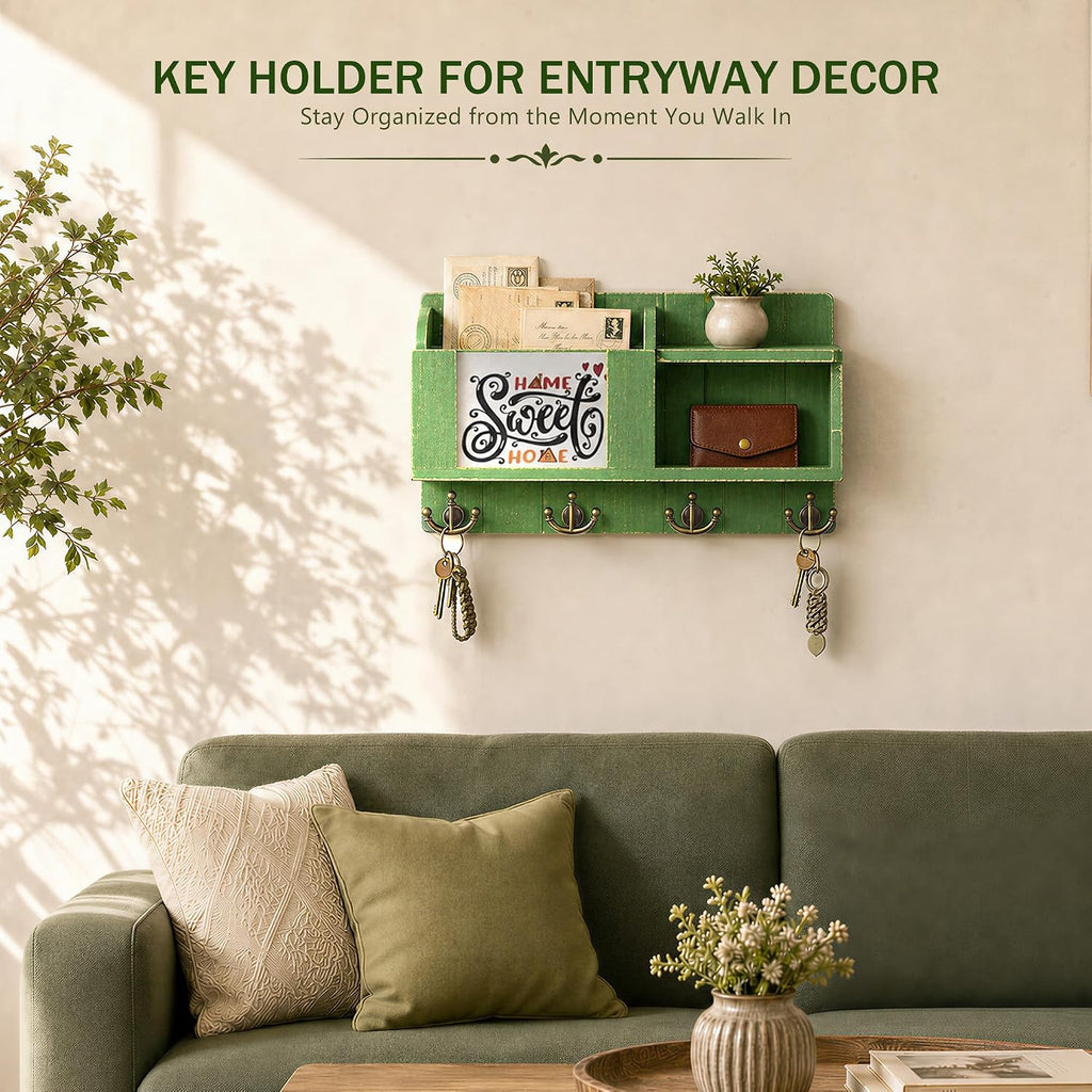 Key Holder Wall Mount with Chalkboard & 4 Key Hooks for Home Decor, Green
