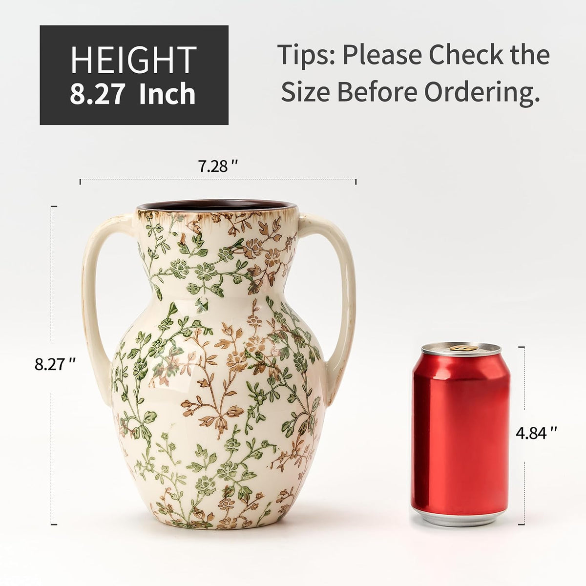 Emotionally Grounded Vase, Vaseking Large Ceramic Rustic Vase with 2 Handles, 8.3 inch Green and Beige Decorative Farmhouse Tall Vases for Home Decor, Living Room, Enterway, Table Decoration