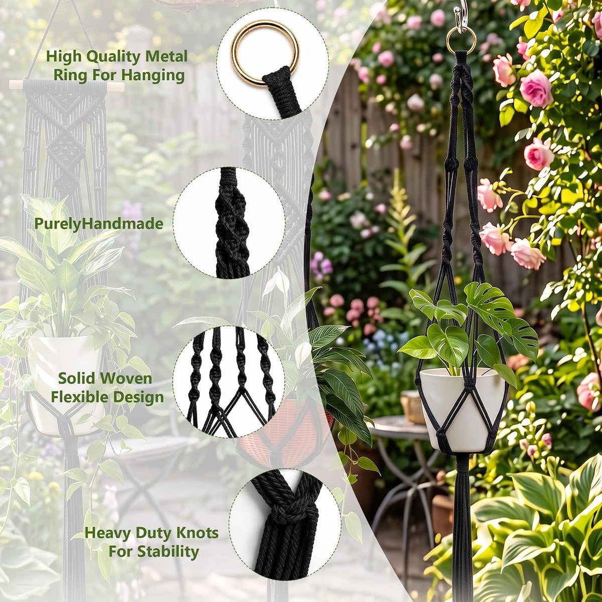 Laerjin Macrame Plant Hangers, 6 Pack Hanging Planters with Hooks, Black