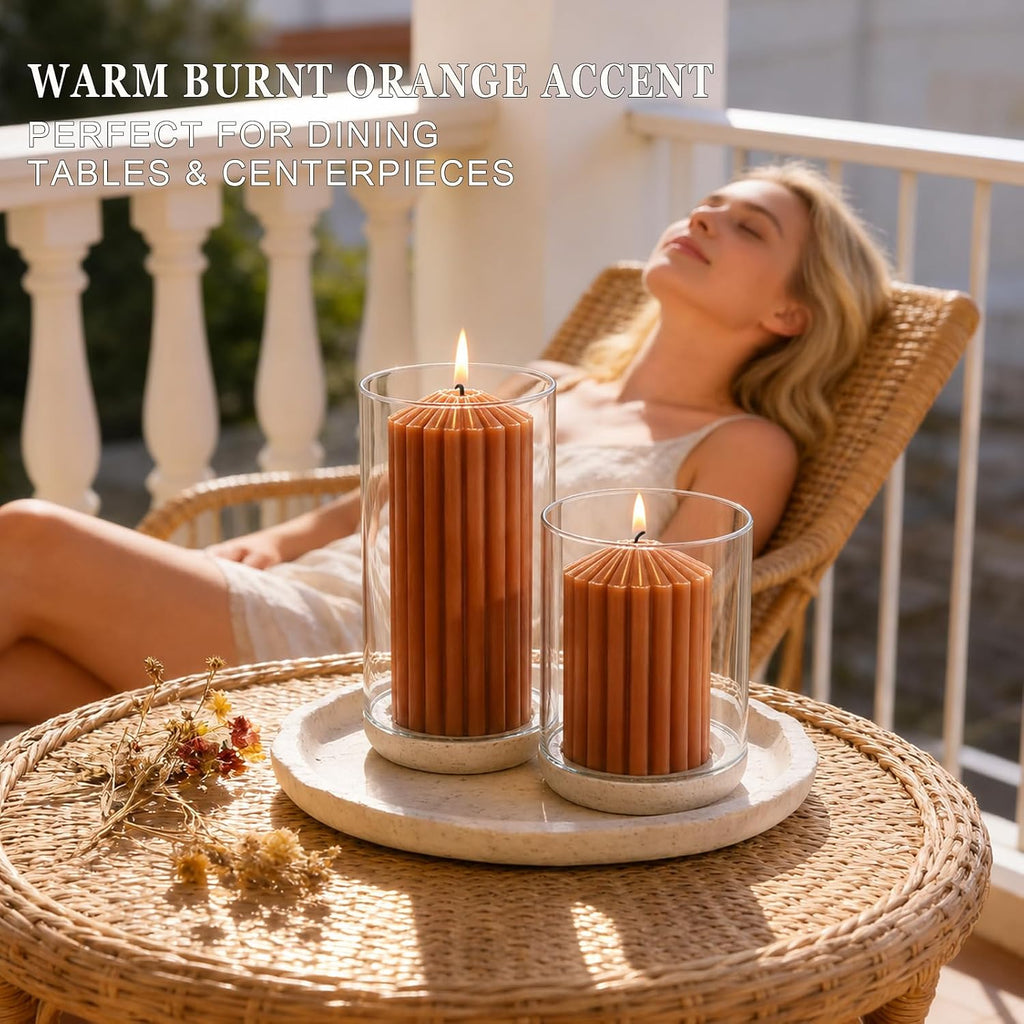 Ribbed Decorative Pillar Candles, 3 Pack,2.8 x 4/6/8 Inch, Burnt Orange