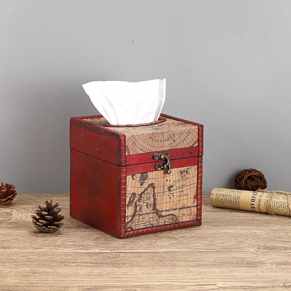 Sumnacon Wood Tissue Box Cover Square, Vintage Retro Tissue Holder, Red