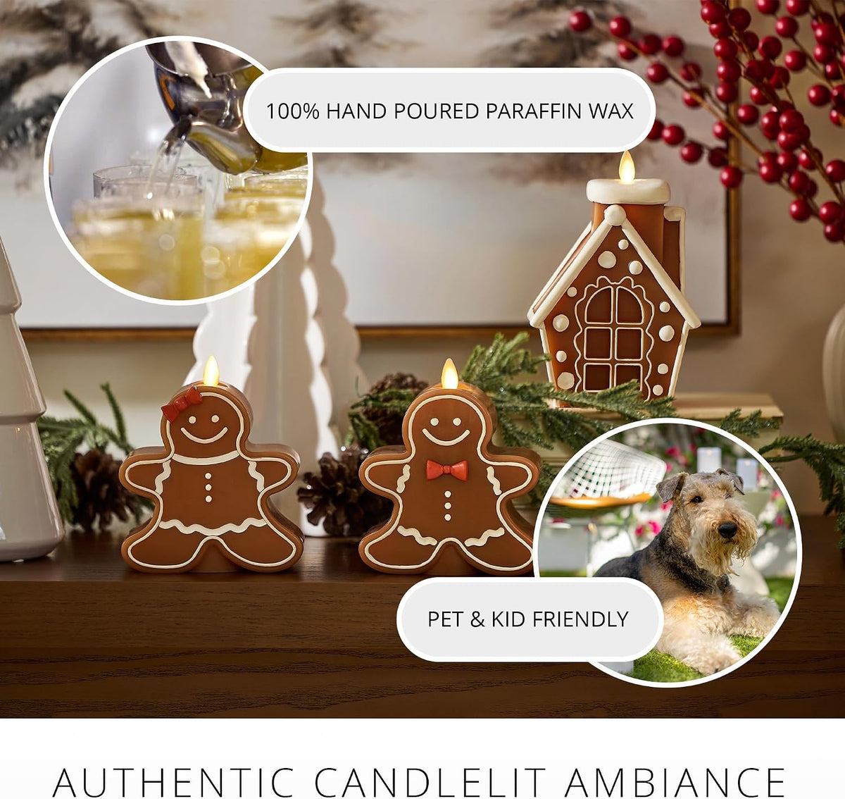 Luminara Flameless Candle Moving Flame LED with Timer, Real Unscented Wax Gingerbread Girl Figural 4.6"x5.5", Battery Operated Christmas Holiday Decor, Remote Compatible (Batteries Not Included)