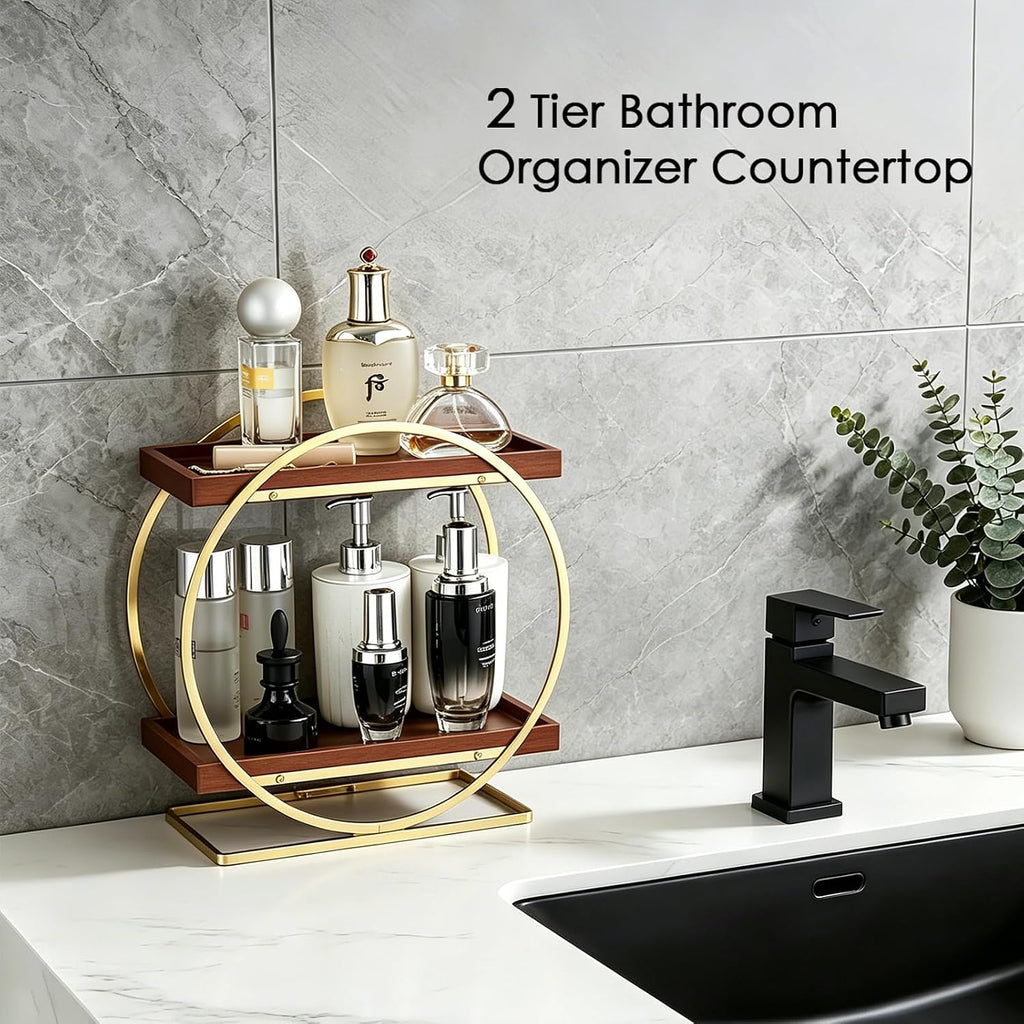 2-Tier Bathroom Organizer Countertop, Wooden Gold Perfume Organizer