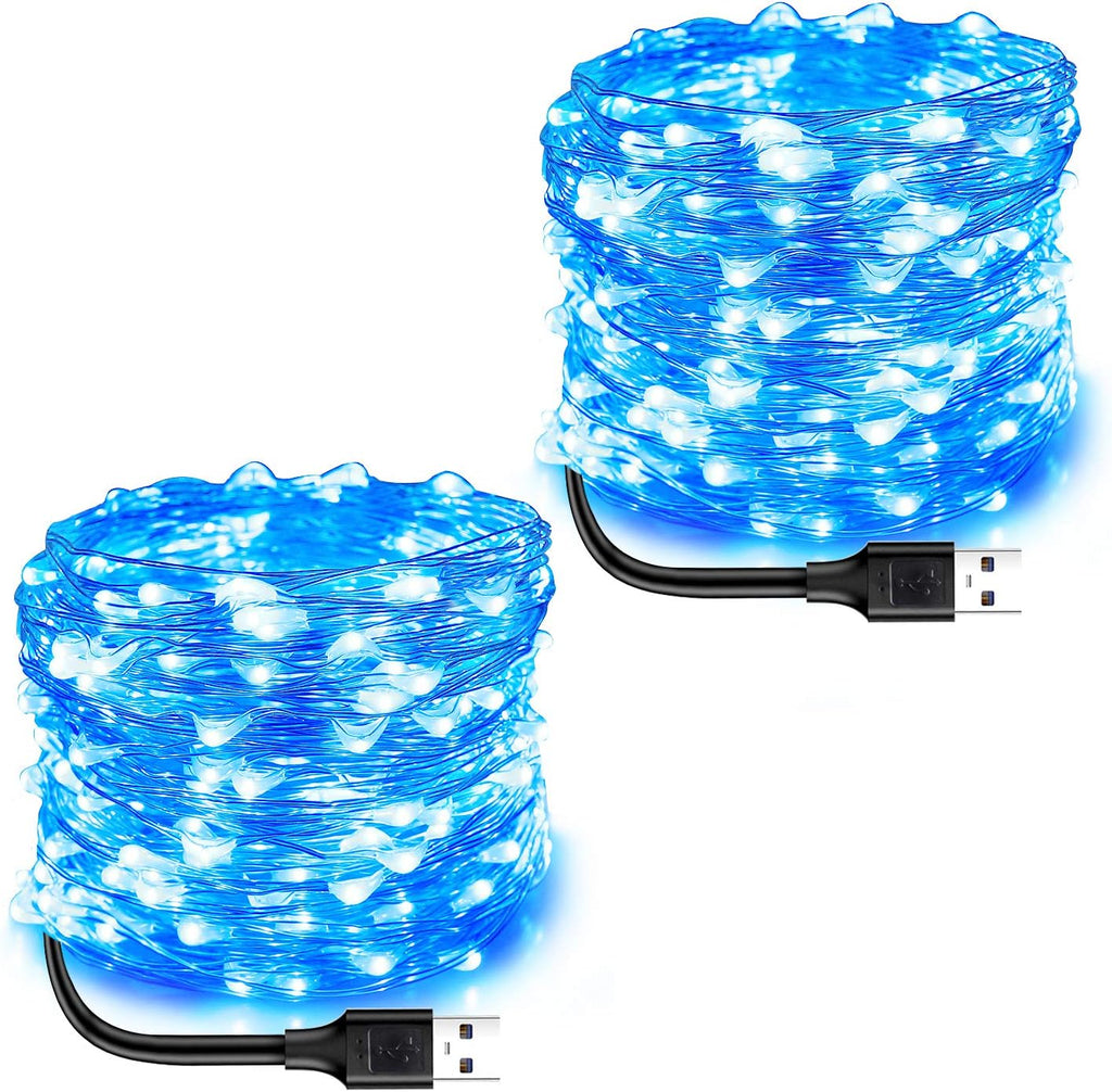 Blingstar USB Powered Fairy Lights, 2 Pack 33Ft 100 LED, Flexible Silver Wire, Mini String Lights for Indoor Christmas Tree/Halloween/Bedroom/Dorm/Party Decoration, Blue