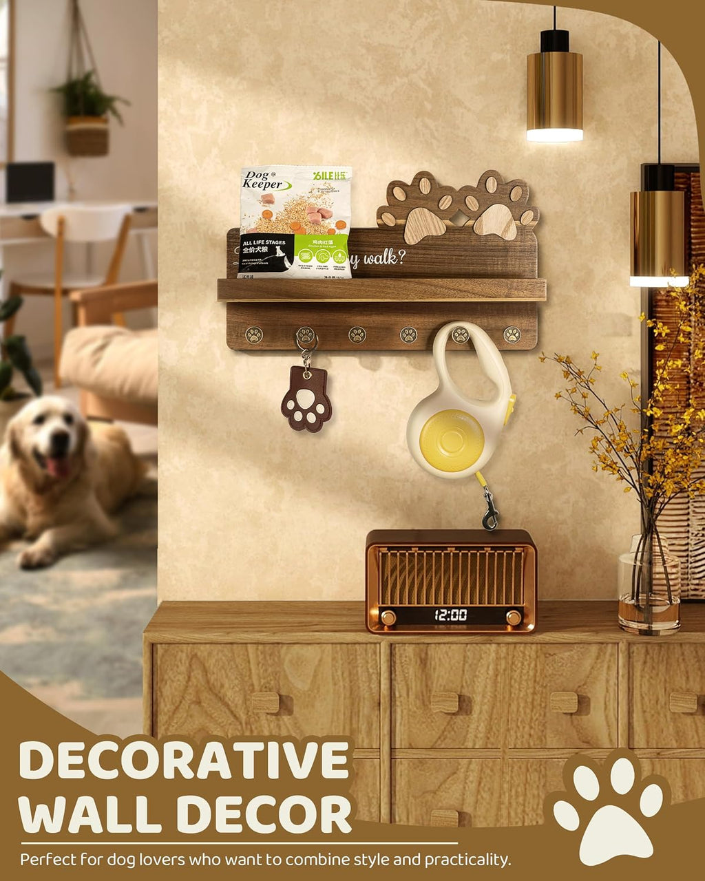 MTERSN Acacia Wood Dog Leash Holder for Wall with Shelf & 6 Hooks, Brown