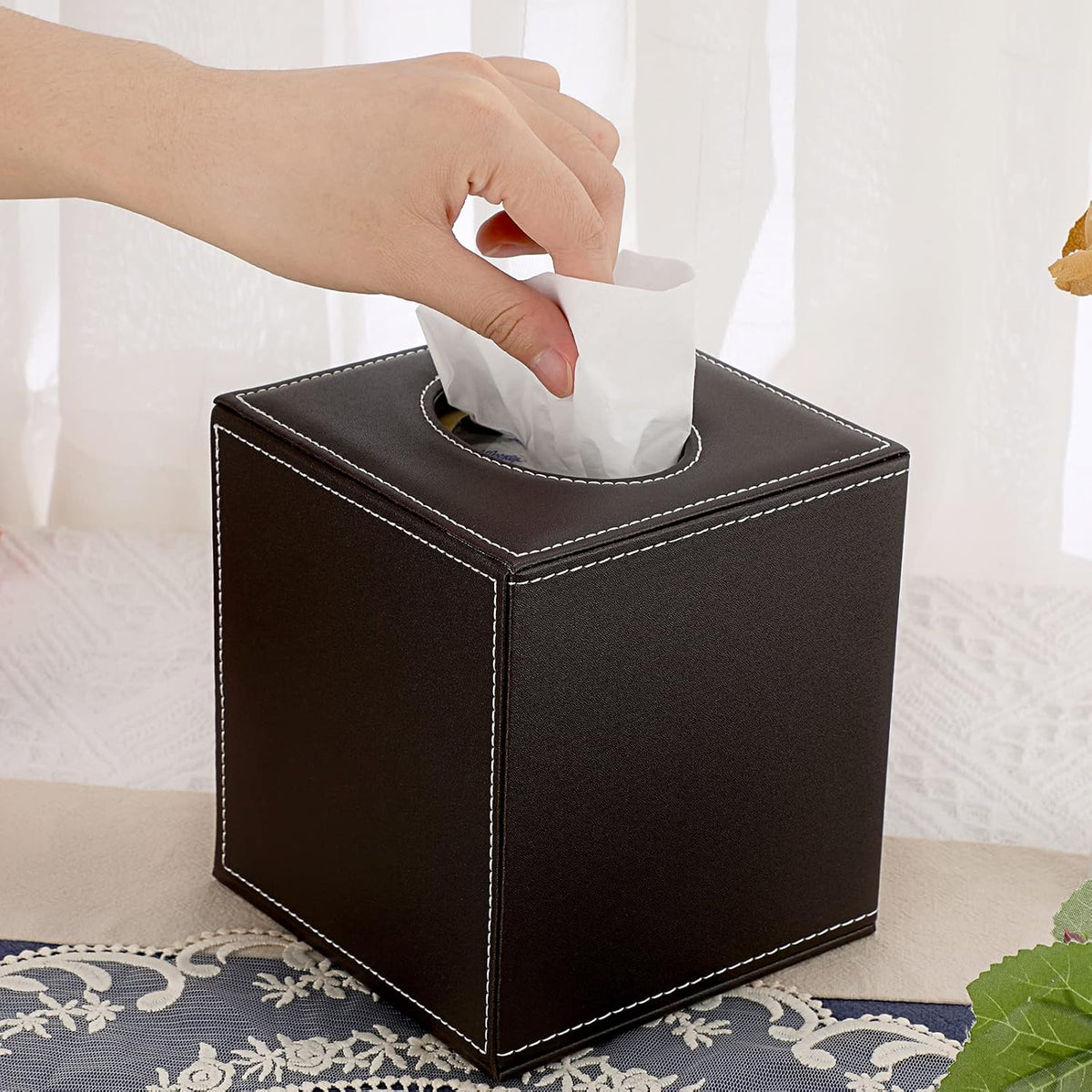 Sumnacon Square Tissue Box Cover,Magnetic Bottom PU Tissue Box Holder,Brown