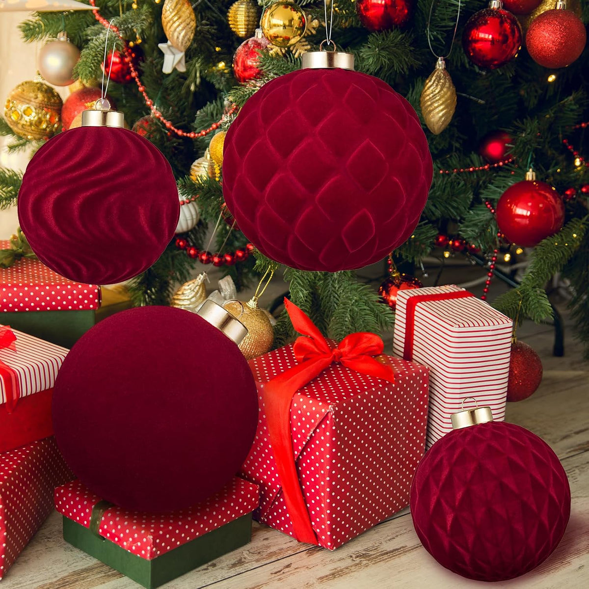 Large Velvet Christmas Ball Ornaments - 6 Inch Flocked Christmas Balls Shatterproof Decorative Hanging Ornaments Set for Xmas Tree Holiday Wedding Party Decor (Burgundy, 2pcs)