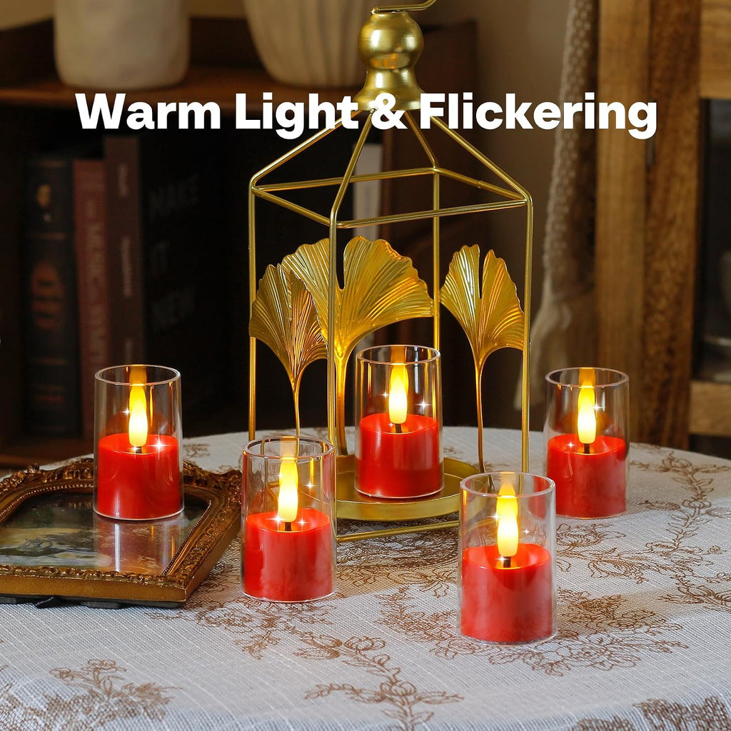 Yeelida 8pcs Battery Operated 1.7" x2.5" Clear Acrylic Remote LED Tea Lights, Flameless 2/4/6/8h Timer Fake Red Bulk Votive Candles with Batteries, Flickering Warm Light Pure Plastic Tealights