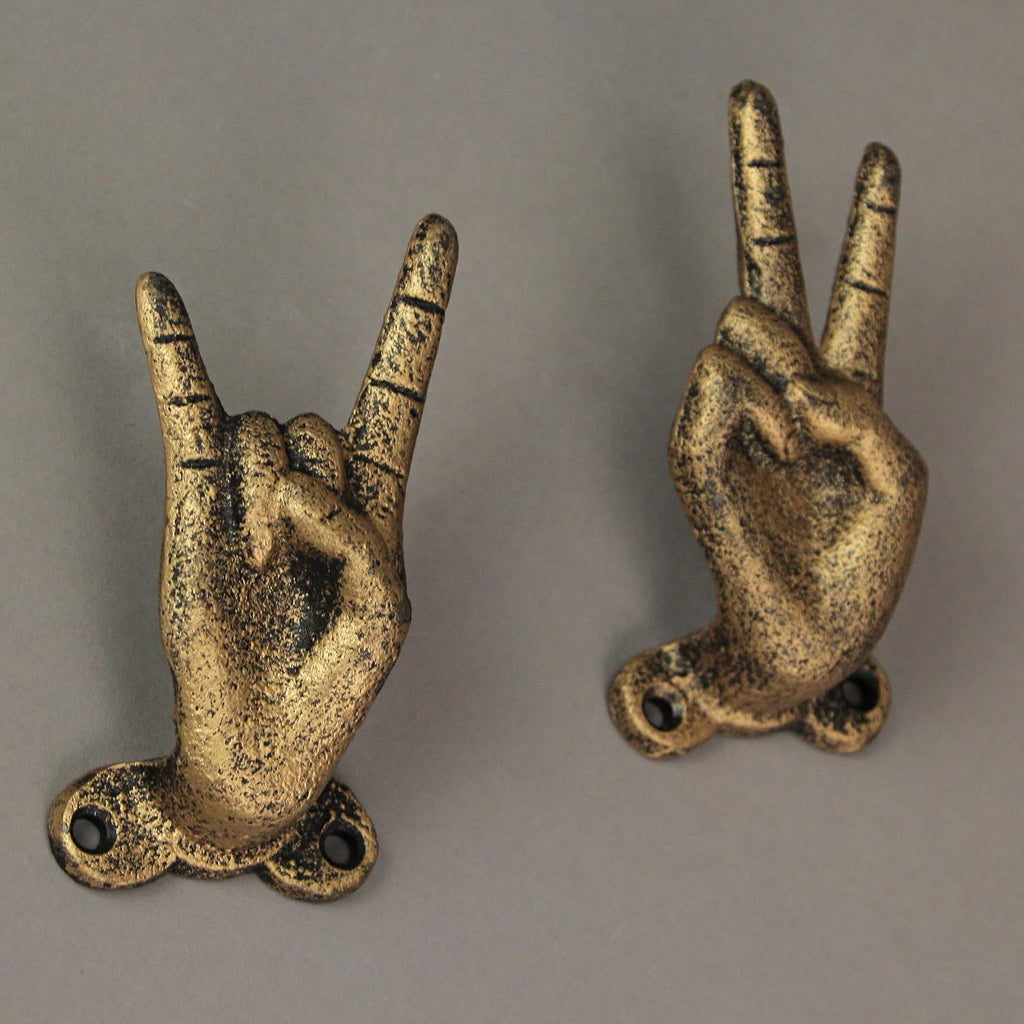 Zeckos Set of 3 Hand Gesture Wall Hooks, Gold Cast Iron Peace Set, 4 Inch