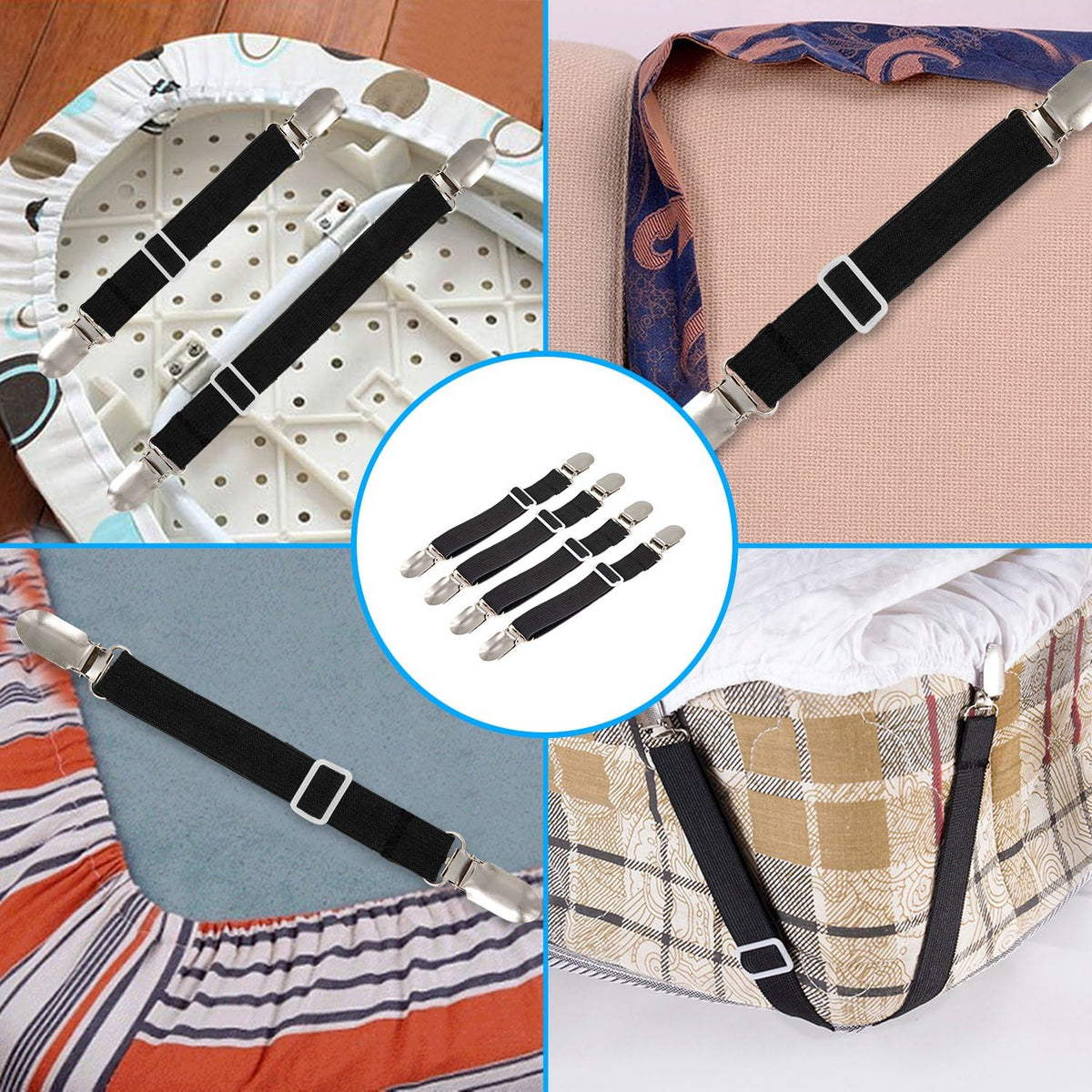 BetyBedy 4Pcs Adjustable Bed Sheet Fasteners Suspenders, Elastic Sheet Band Straps Clips, Cover Grippers Suspenders Holder for Mattress Pad Cover, Sofa Cushion (Black)