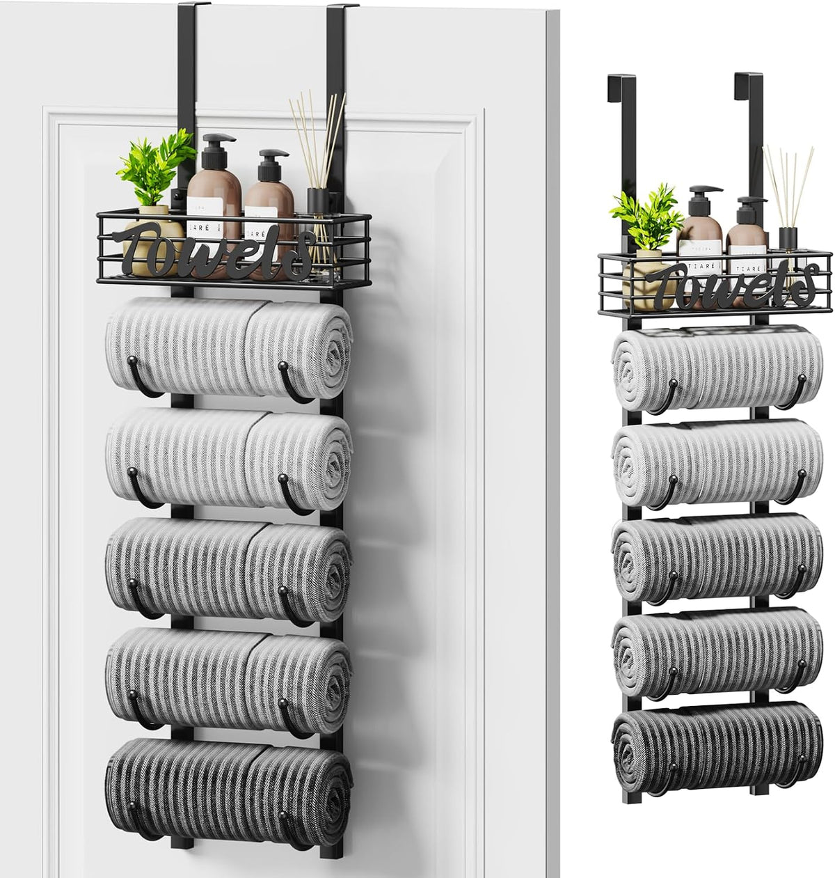 SWTYMIKI Hanging Towel Racks for Bathroom - 6 Tier Over The Door & Wall Mounted Bath Rolled Towel Storage Organizer Holder for Small Bathroom, RV, Camper, Black (Patented)