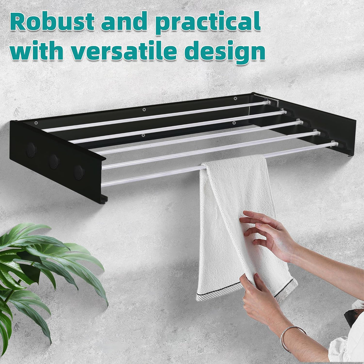 Laundry Drying Rack Collapsible, Wall Mounted, The Surface has Hooks (Black-31.5")