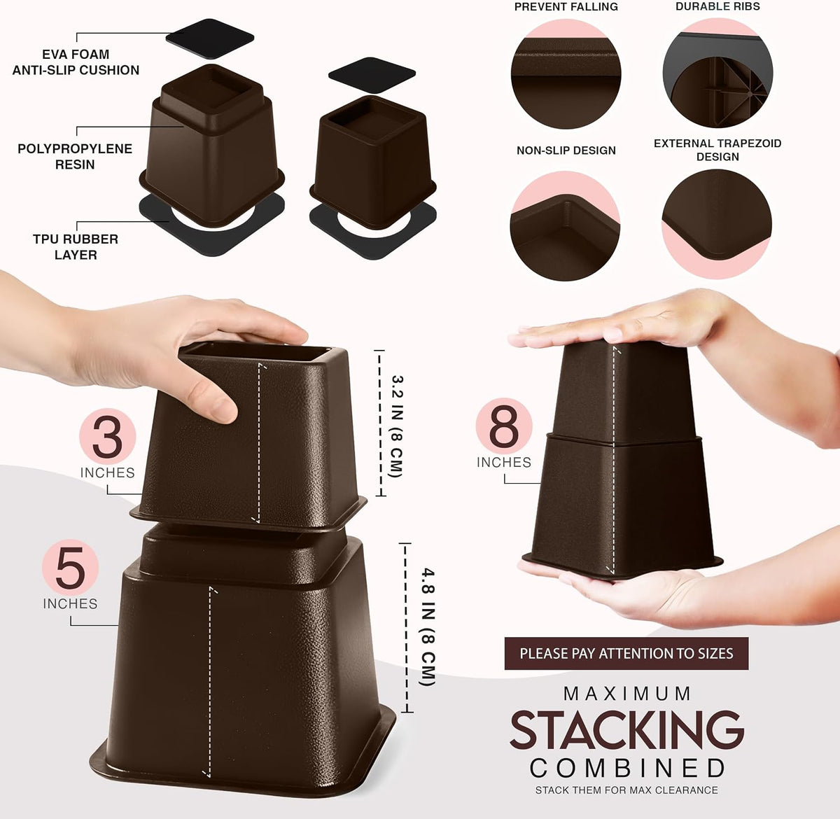 Utopia Bedding Adjustable Bed Risers 3 & 5 Inch, Brown, 4-Pack