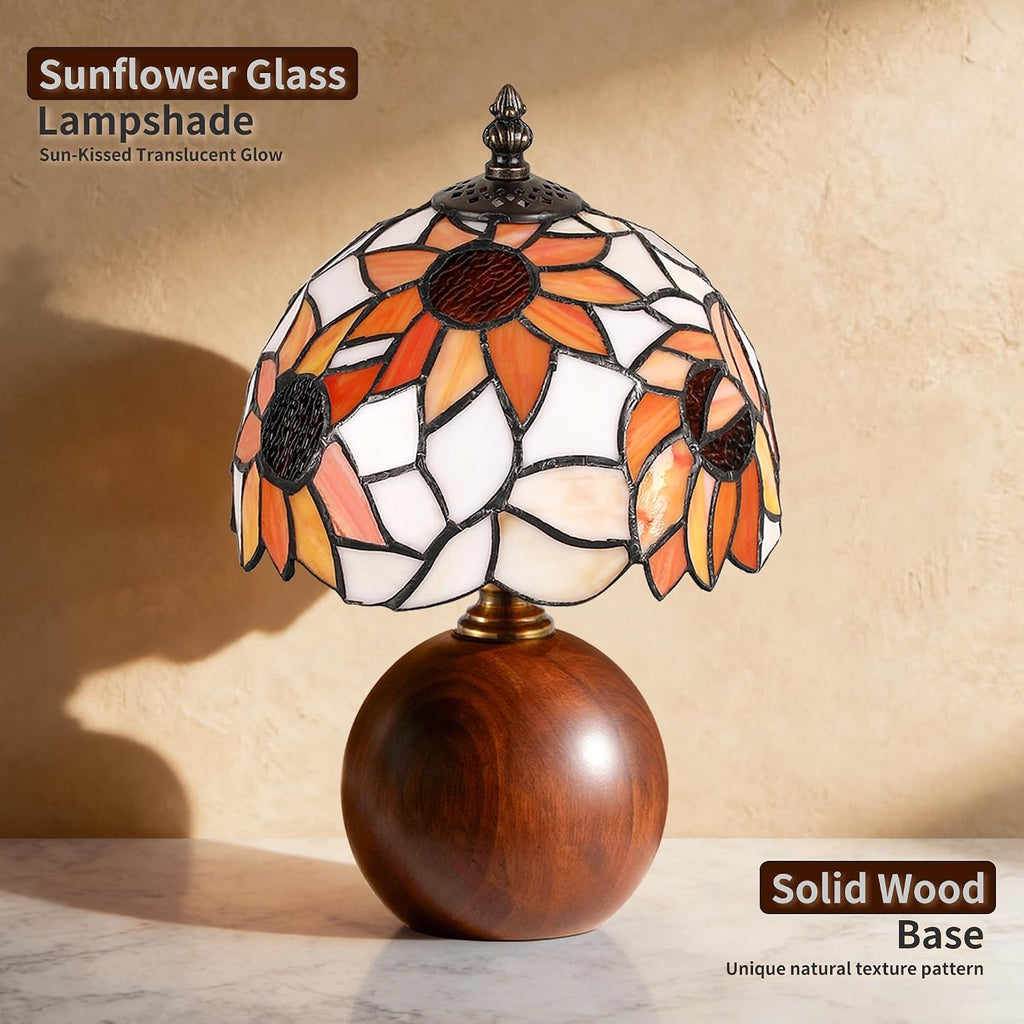 12.2" Retro Sunflower Tiffany Small Table Lamp with Wood Base