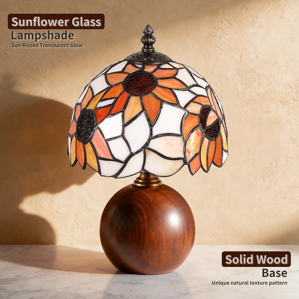 12.2" Retro Sunflower Tiffany Small Table Lamp with Wood Base