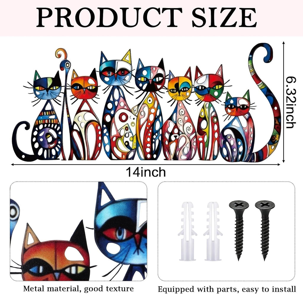 Wesiti Metal Cat Wall Art Decor Colorful Sculptural Mid Century 14 x 6.3