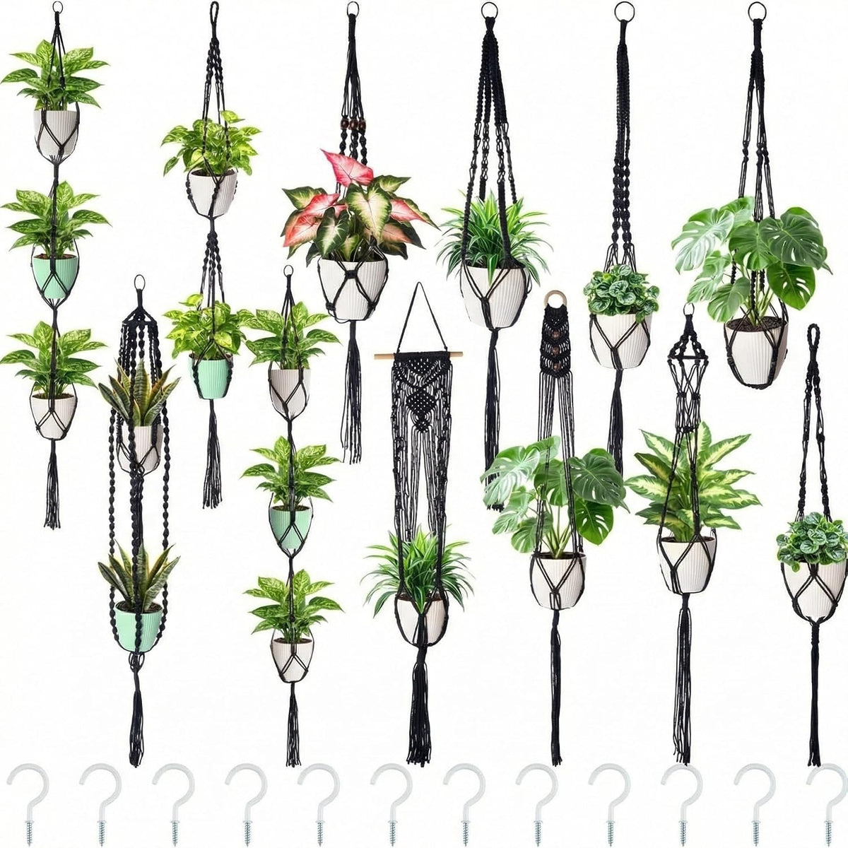 SATINIOR 12 Pcs Macrame Plant Hangers Handmade Boho Hanging Planters 12 Different Tiered Designs with 12 Hooks for Flower Pots Indoor Outdoor Decorative Wall Hanging Baskets for Home (Gothic,Black)