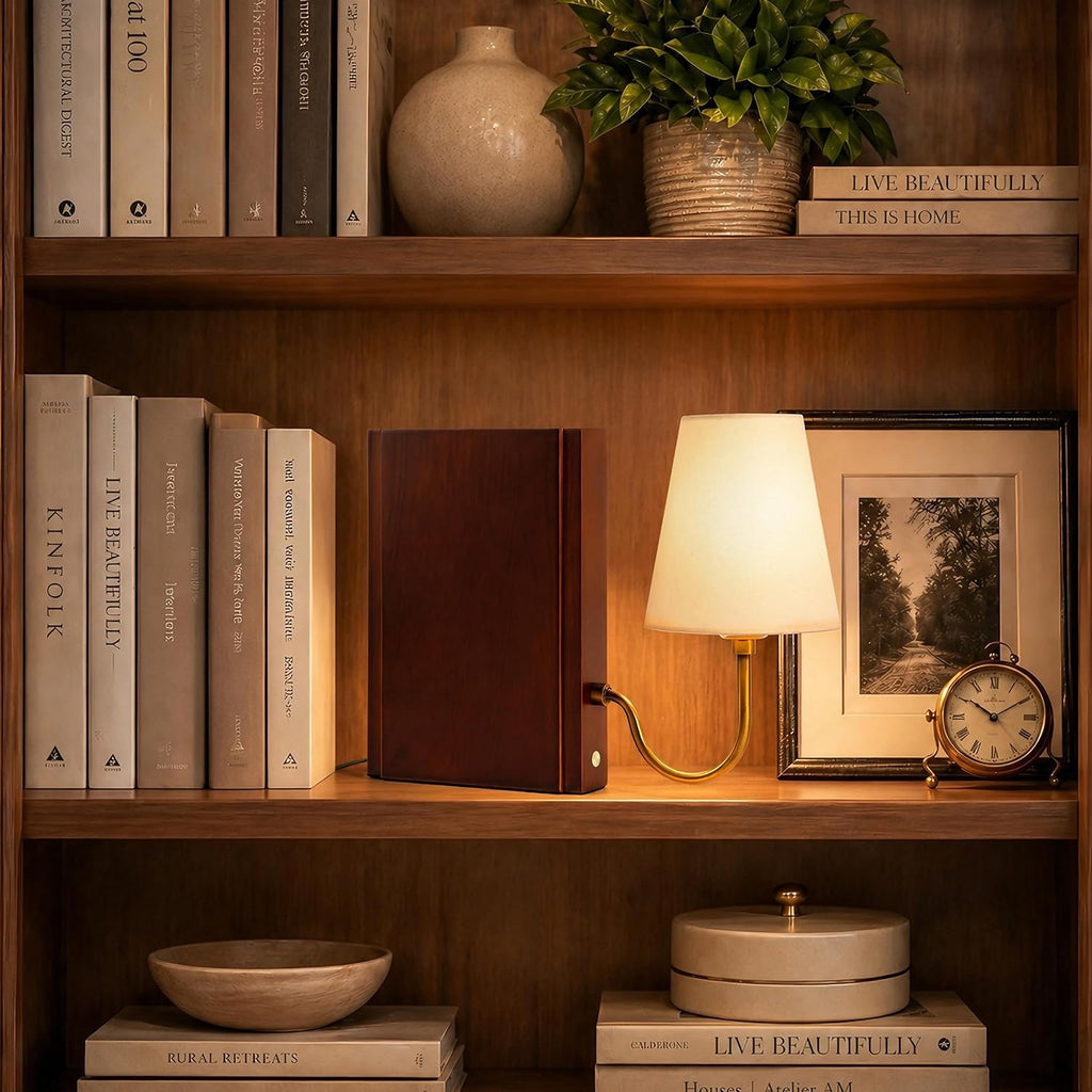 AELS Solid Wood Bookshelf Lamp with Bulb, 3-Color Touch Control Dimmable Table Lamp with Linen Shade, Modern Decorative Bookend Lamp for Bedroom, Office & Bookshelf Decor, Dark Brown (Pack of 2)
